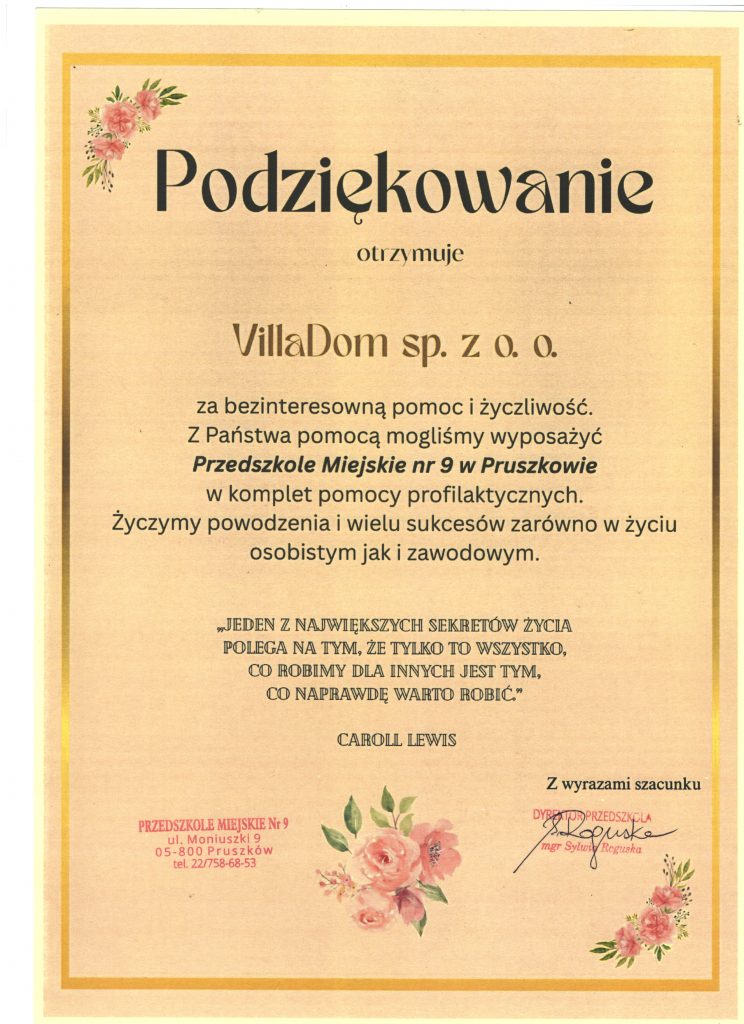 Podziękowanie VillaDom Przedszkole Miejskie nr 9